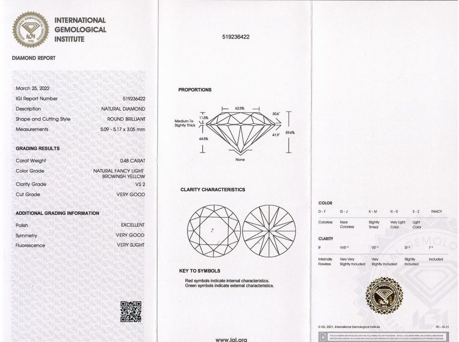 Gutachten zu Farbdiamant Brillant gräulich hellgelb 0,48 ct