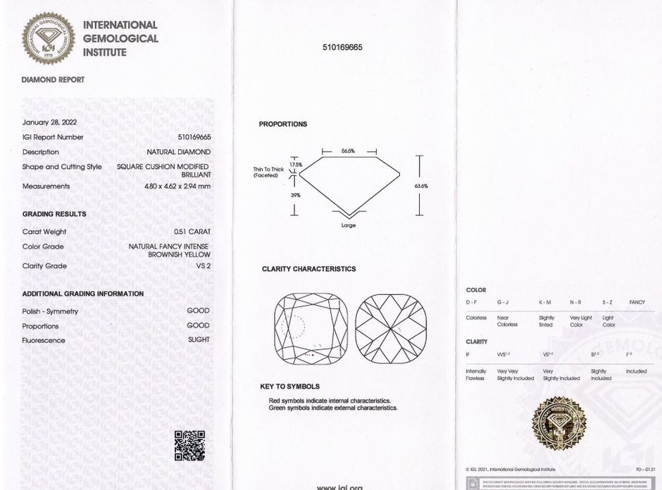 Gutachten zu Farbdiamant antik-brillantiert bräunlich gelb 0,51 ct