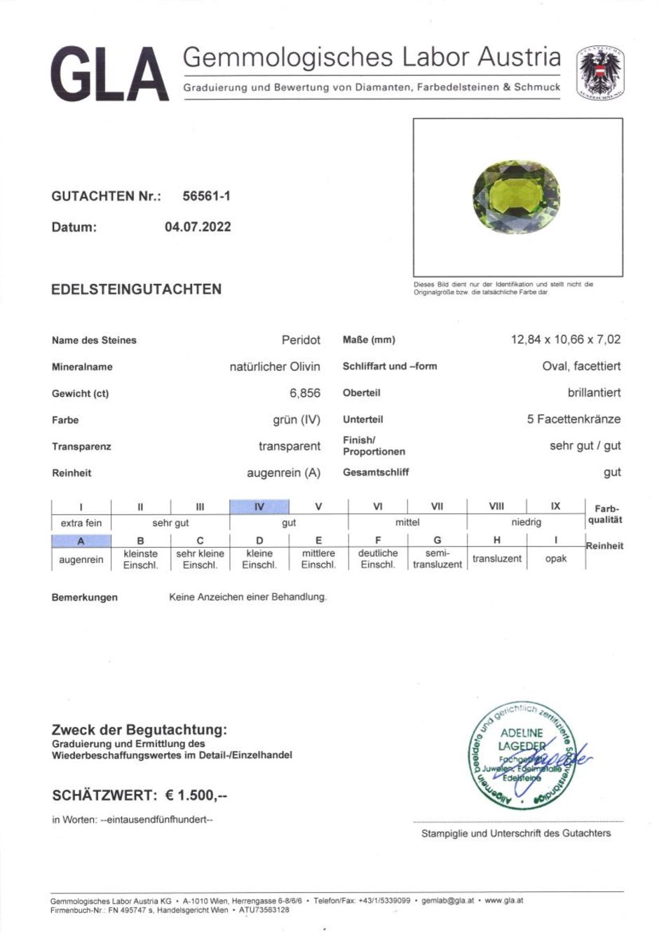 Gutachten zu Peridot oval grün unbehandelt 6,85 ct