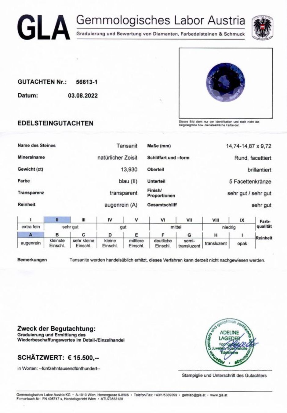 Gutachten zu Tansanit rund intensives Blau 13,93 ct