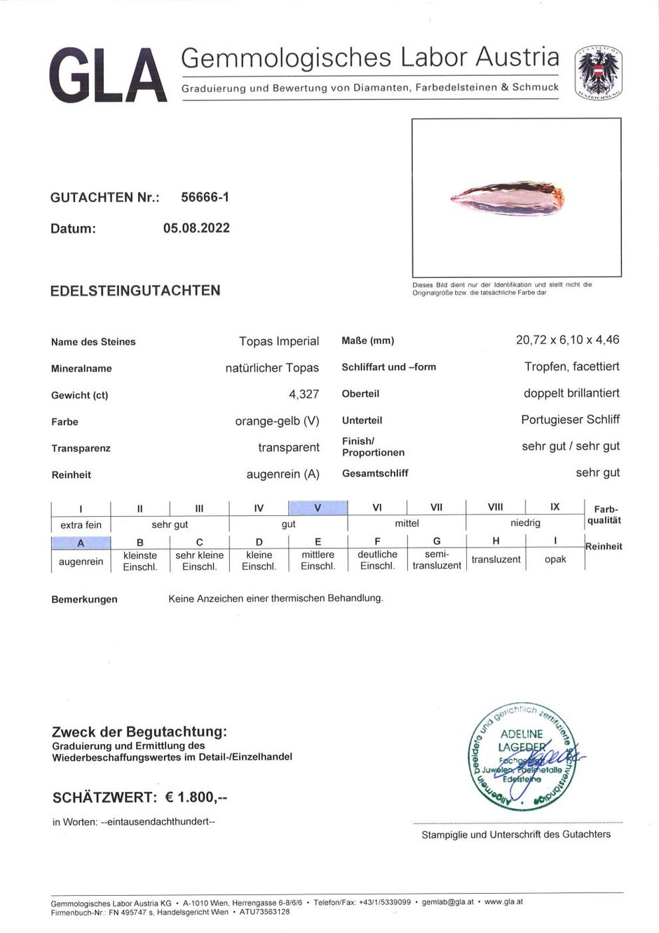 Gutachten zu Imperial-Topas pear yellow orange 4.33 ct