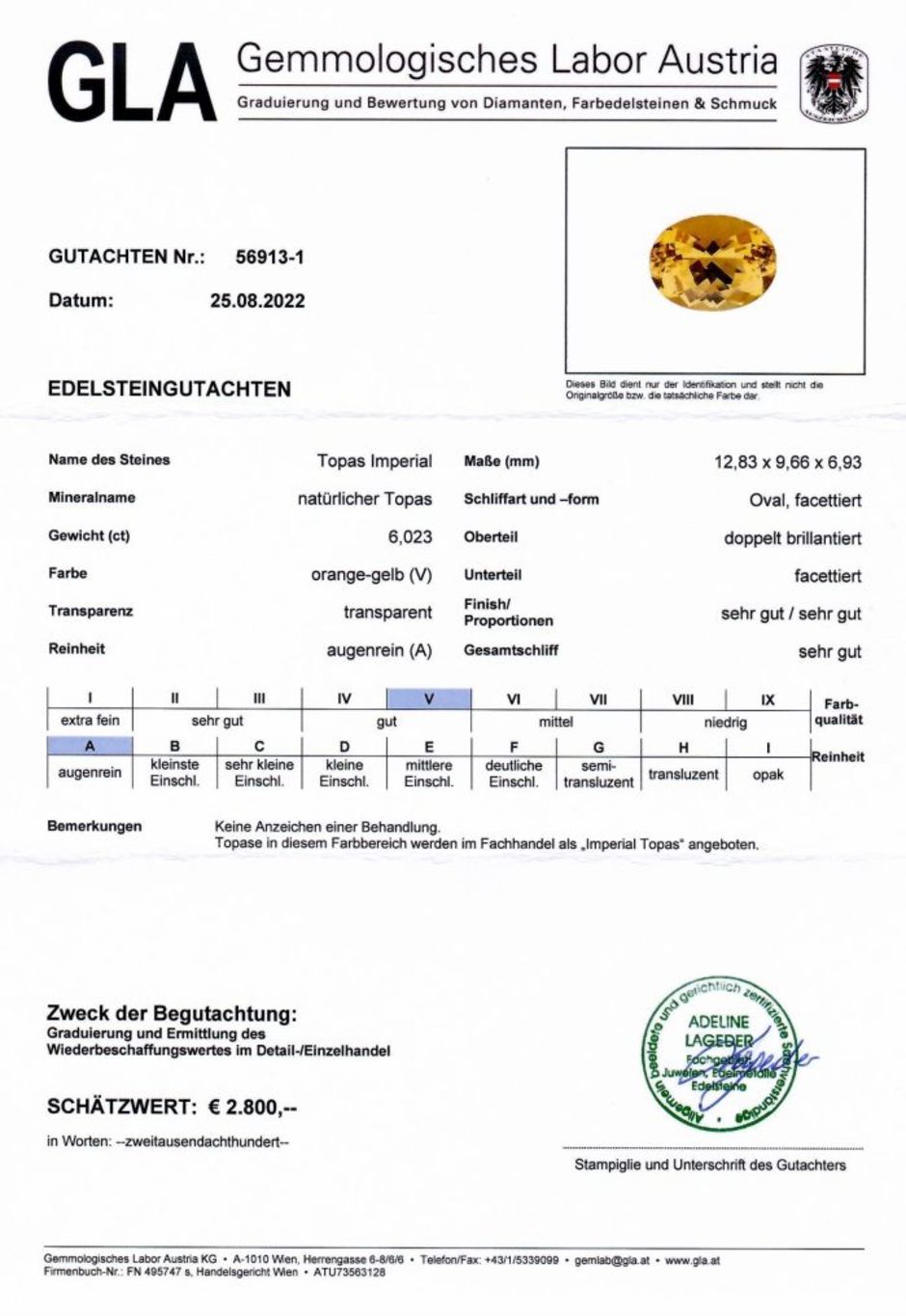 Gutachten zu Imperial-Topas oval orange yellow untreated 6.02 ct.