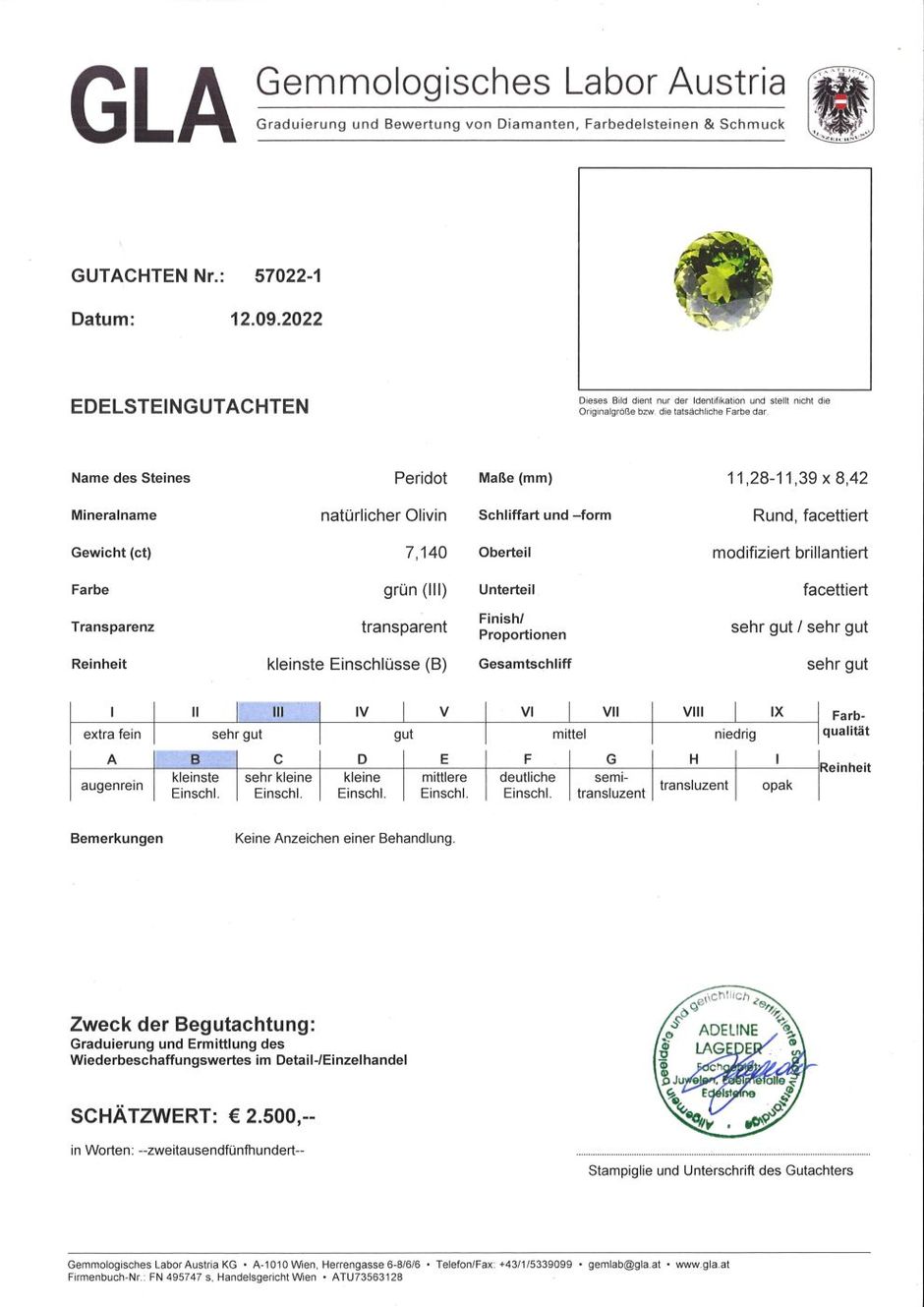 Gutachten zu Peridot round green 7.14 ct