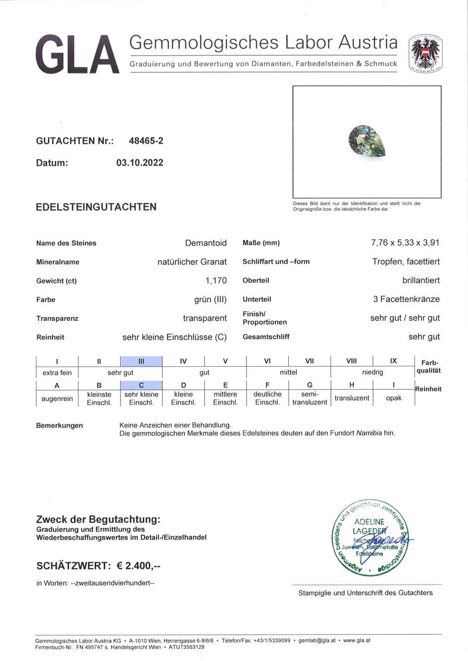 Gutachten zu Demantoid Granat Tropfen grün 1,17 ct