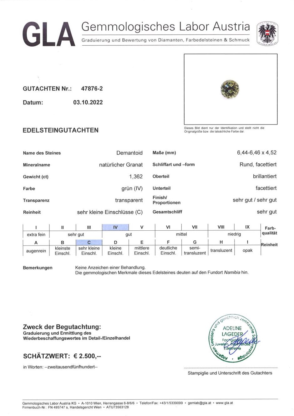 Gutachten zu Demantoid Granat rund-brillantiert 1,36 ct