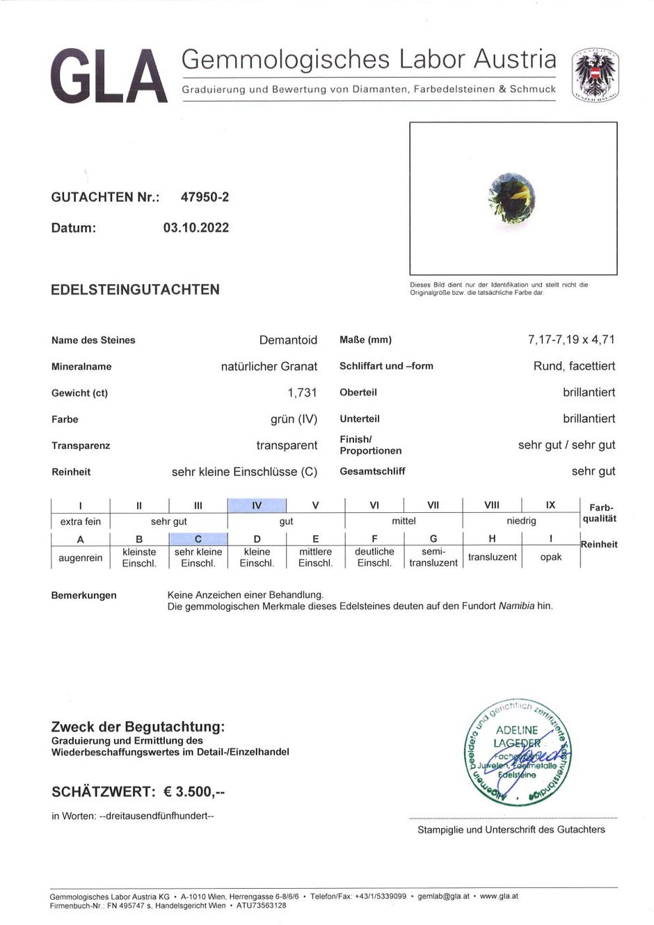 Gutachten zu Demantoid Granat rund-brillantiert grün 1,73 ct.