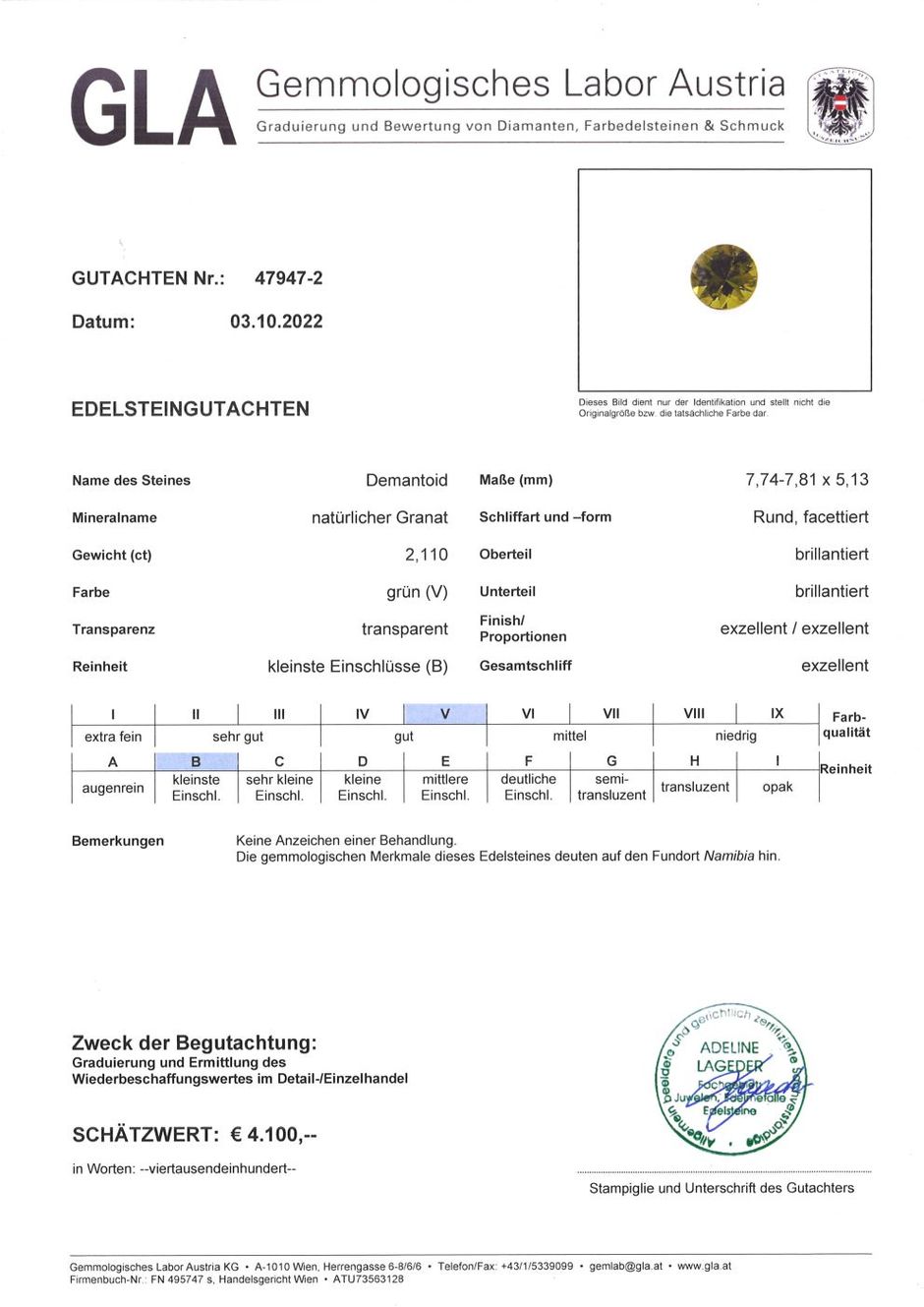 Gutachten zu Demantoid rund-brillantiert olivgrün 2,11 ct