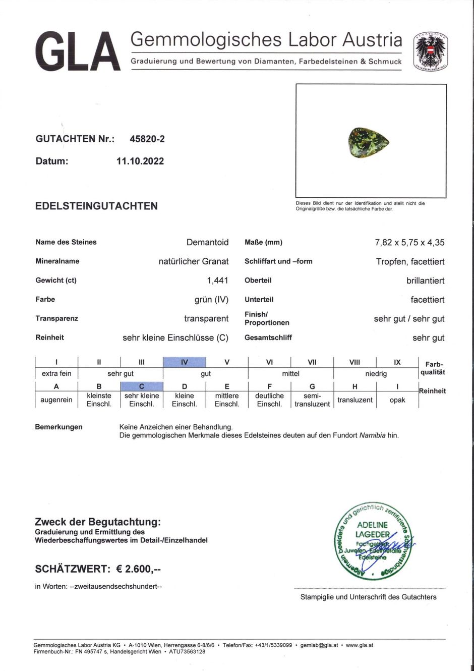 Gutachten zu Demantoid Tropfen grün 1,44 ct