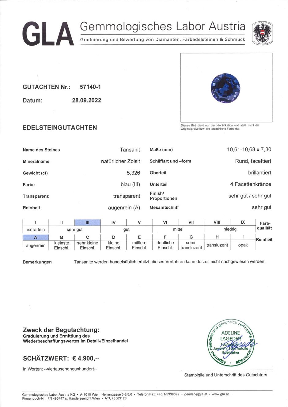 Gutachten zu Tansanit rund intensives Blau 5,32 ct