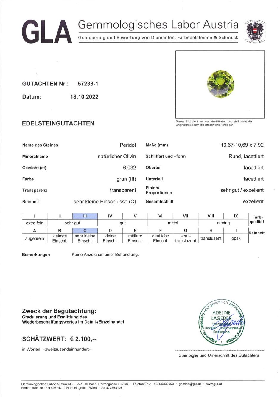 Gutachten zu Peridot round fantasy green 6.03 ct