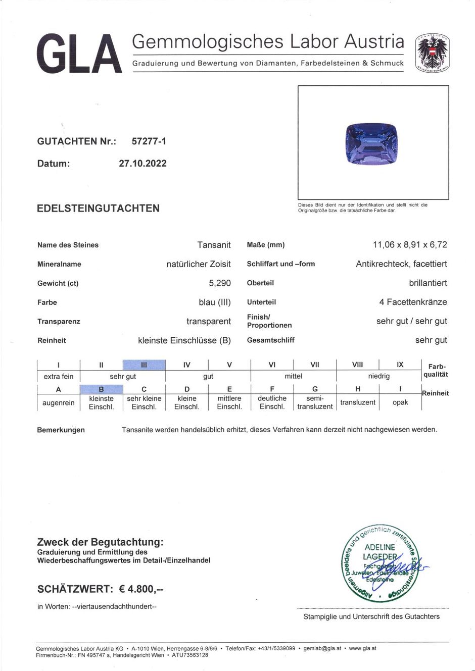 Gutachten zu Tansanit antik intensives Blau 5,29 ct