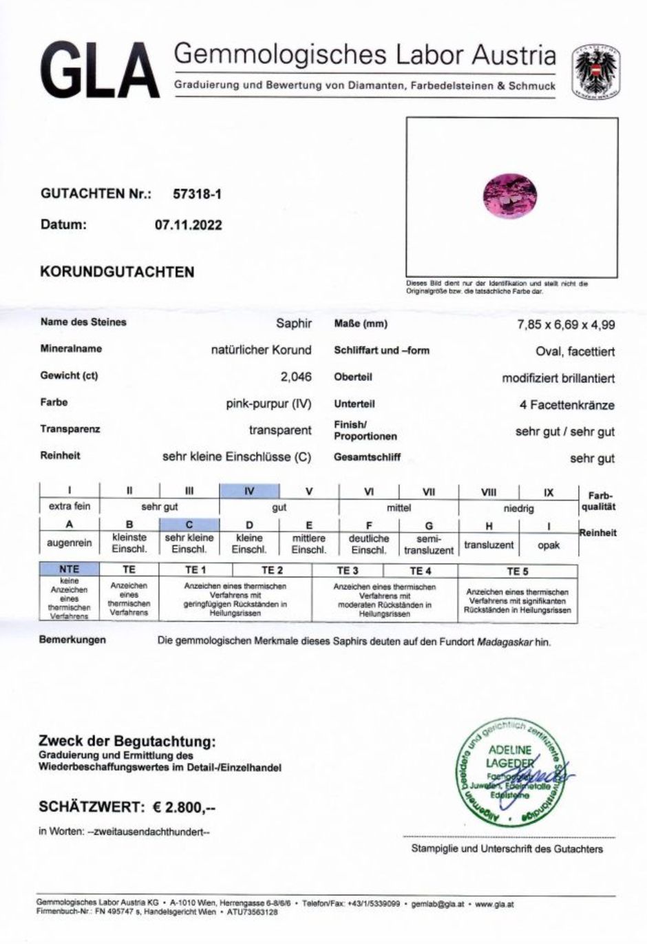 Gutachten zu Sapphire oval pinkish purple unheated 2.04 ct.