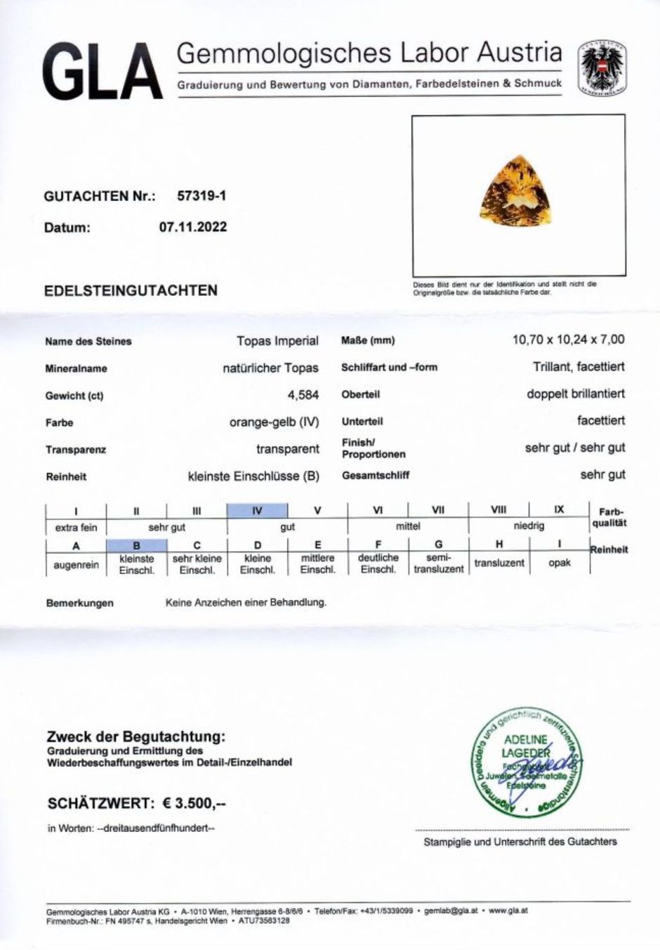 Gutachten zu Imperial-Topas trillion gelborange unbehandelt 4,58 ct.