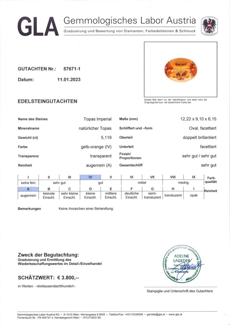 Gutachten zu Imperial-Topas oval gelborange unbehandelt 5,11 ct