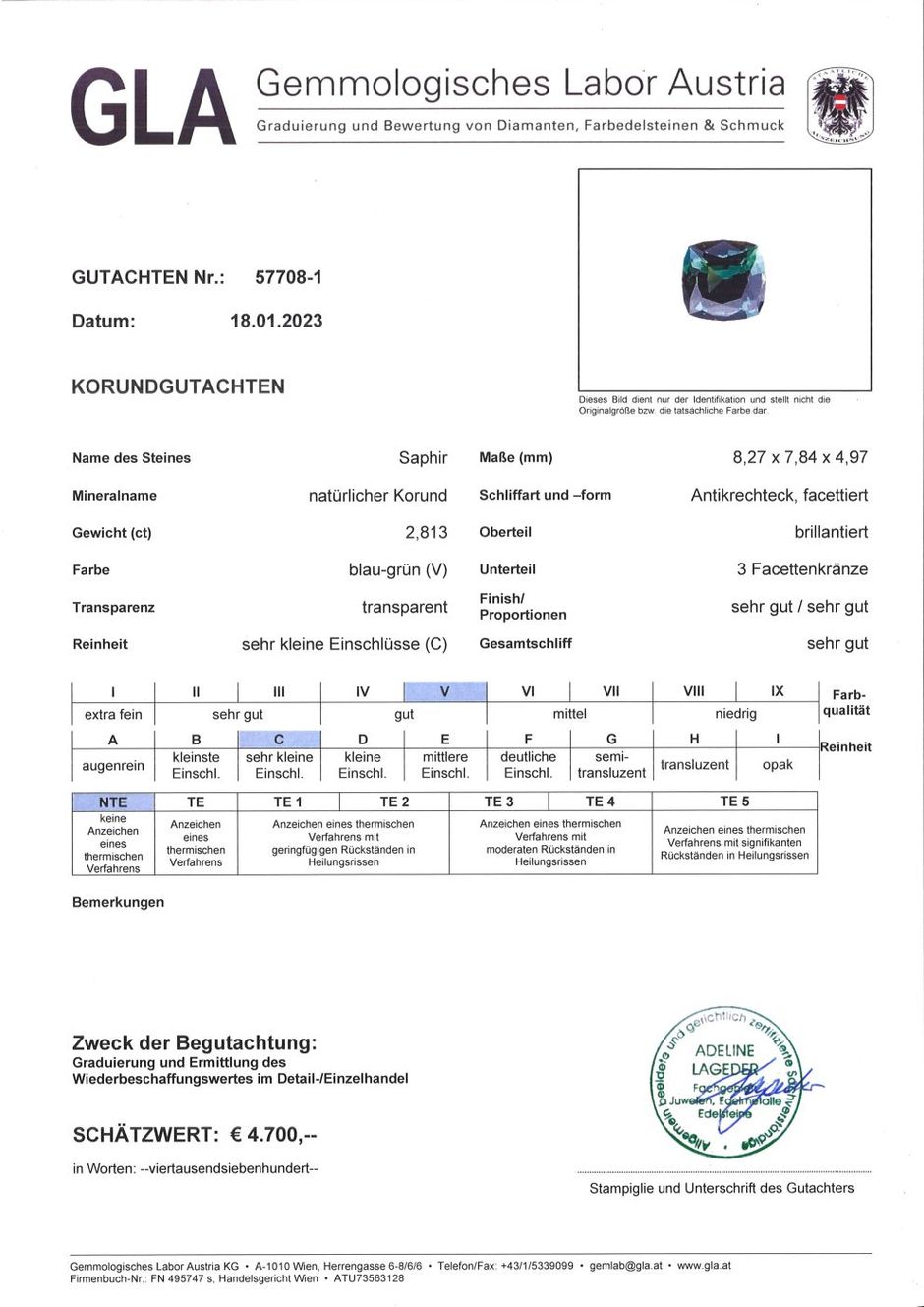 Gutachten zu Saphir antik blaugrün ungebrannt 2,81 ct