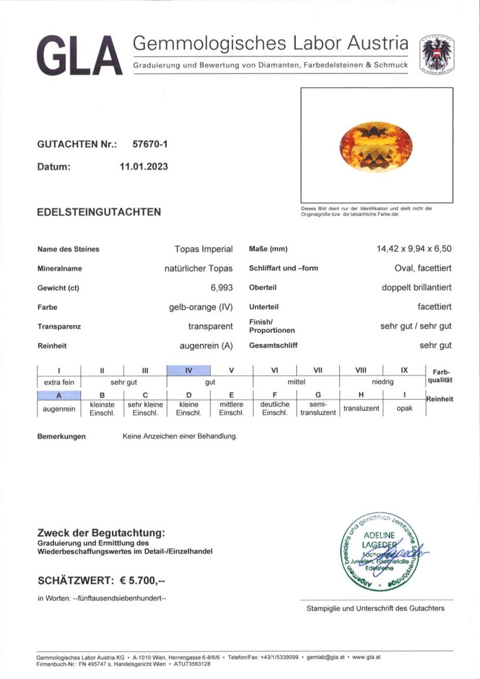 Gutachten zu Imperial-Topas oval yellow orange untreated 6.99 ct.