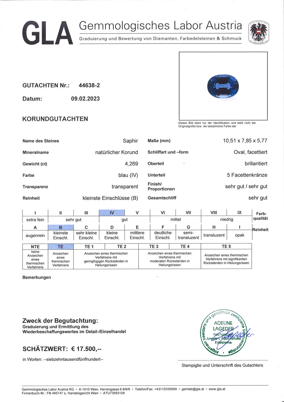 Gutachten zu Saphir oval blau 4,26 ct