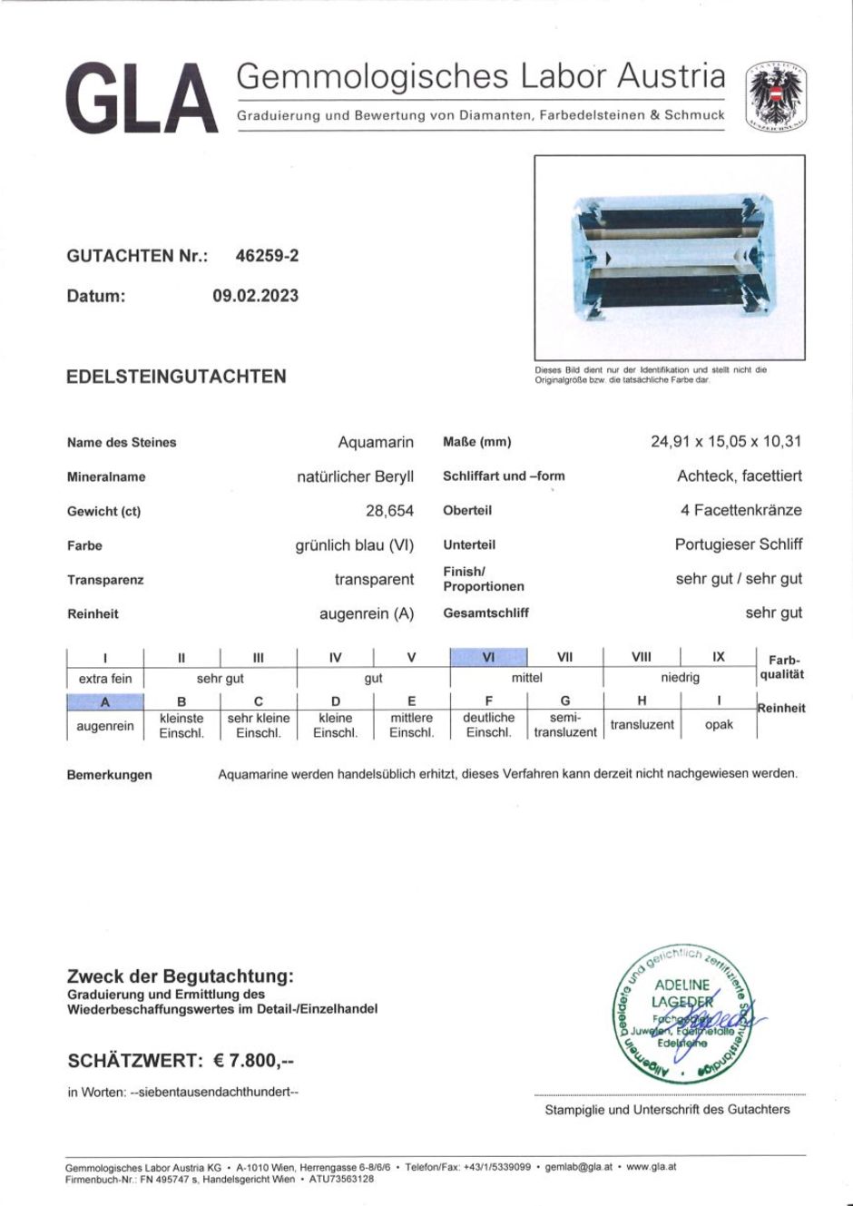 Gutachten zu Aquamarin octagon hellblau unbehandelt 28,65 ct