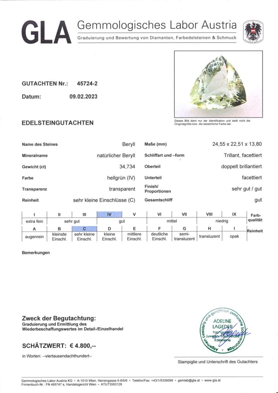 Gutachten zu Grüner Beryll trillion 34.73 ct