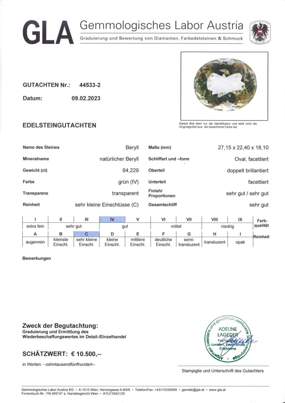 Gutachten zu Edelberyll oval hellgrün unbehandelt 64,22 ct.