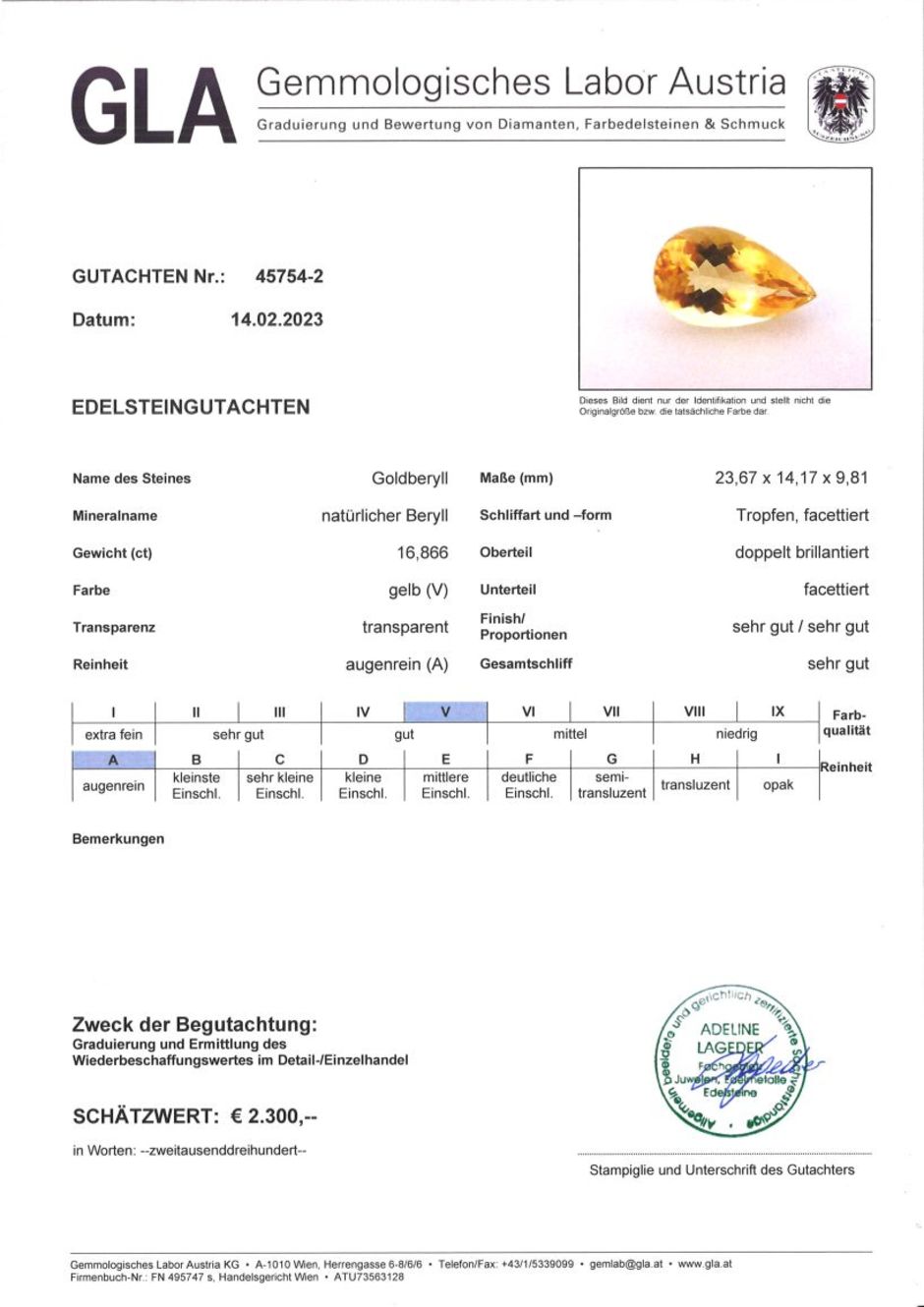 Gutachten zu Golden Beryl pear 16.86 ct