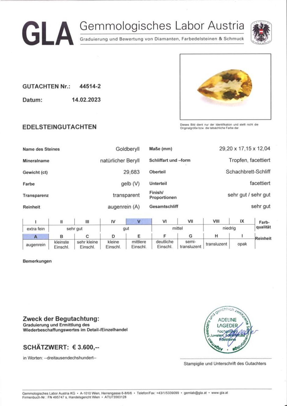 Gutachten zu Goldberyll Tropfen gelb 29,68 ct