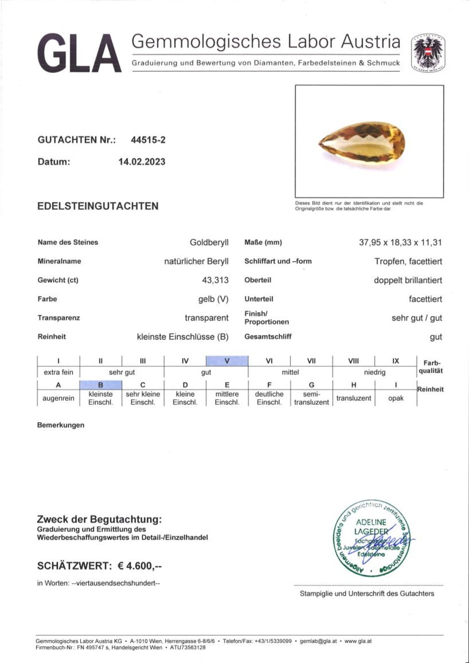 Gutachten zu Goldberyll Tropfen gelb 43,31 ct