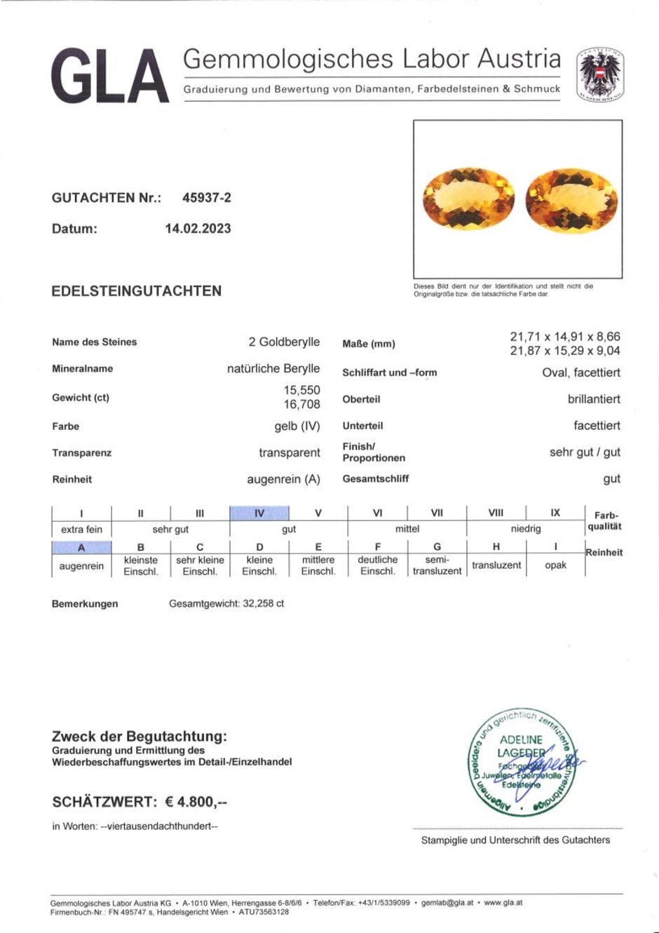 Gutachten zu Golden Beryl Pair oval 32.25 ct