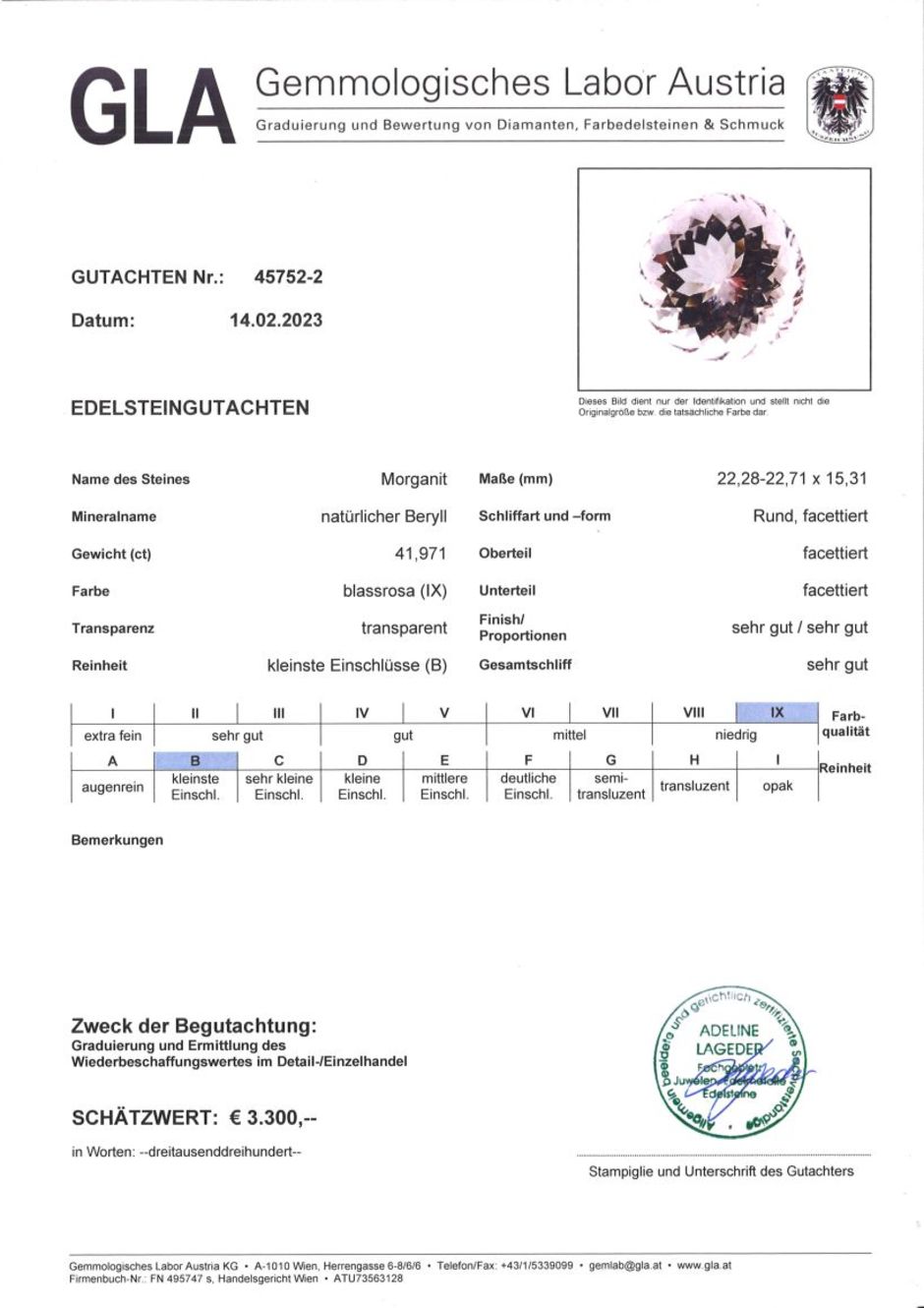 Gutachten zu Morganit rund blassrosa 41,97 ct