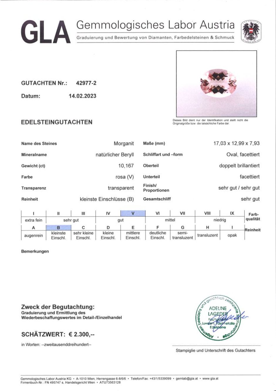 Gutachten zu Morganit Beryll oval rosa 10,16 ct.