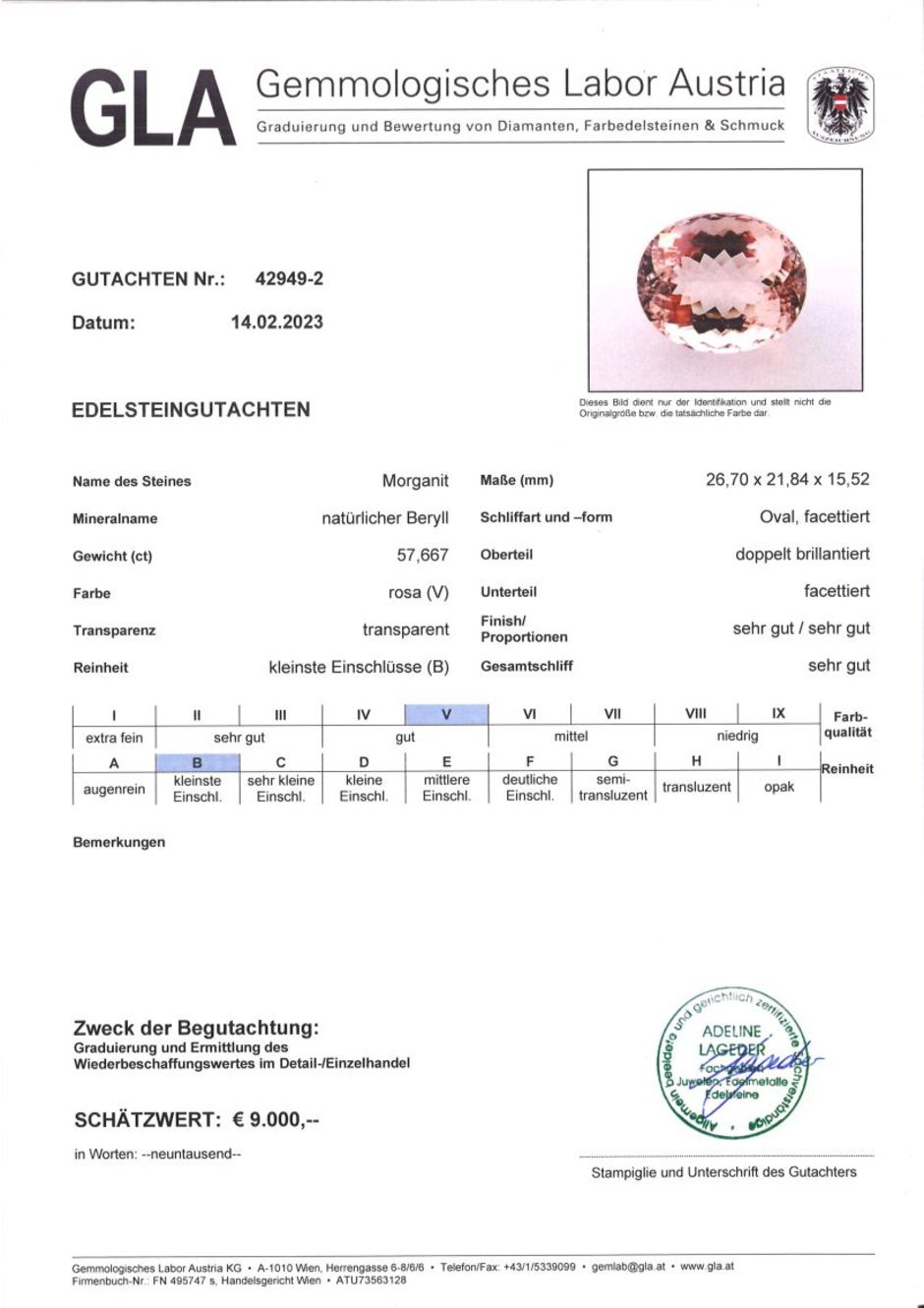 Gutachten zu Morganit oval rosa 57,66 ct