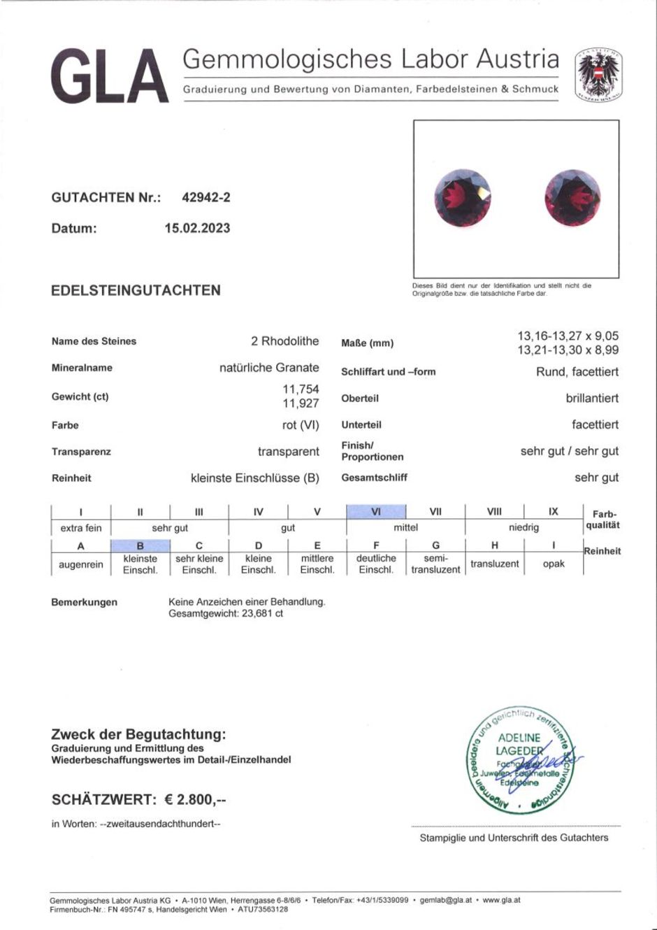 Gutachten zu Rhodolith Granat Duo rund dunkelrot 23,68 ct