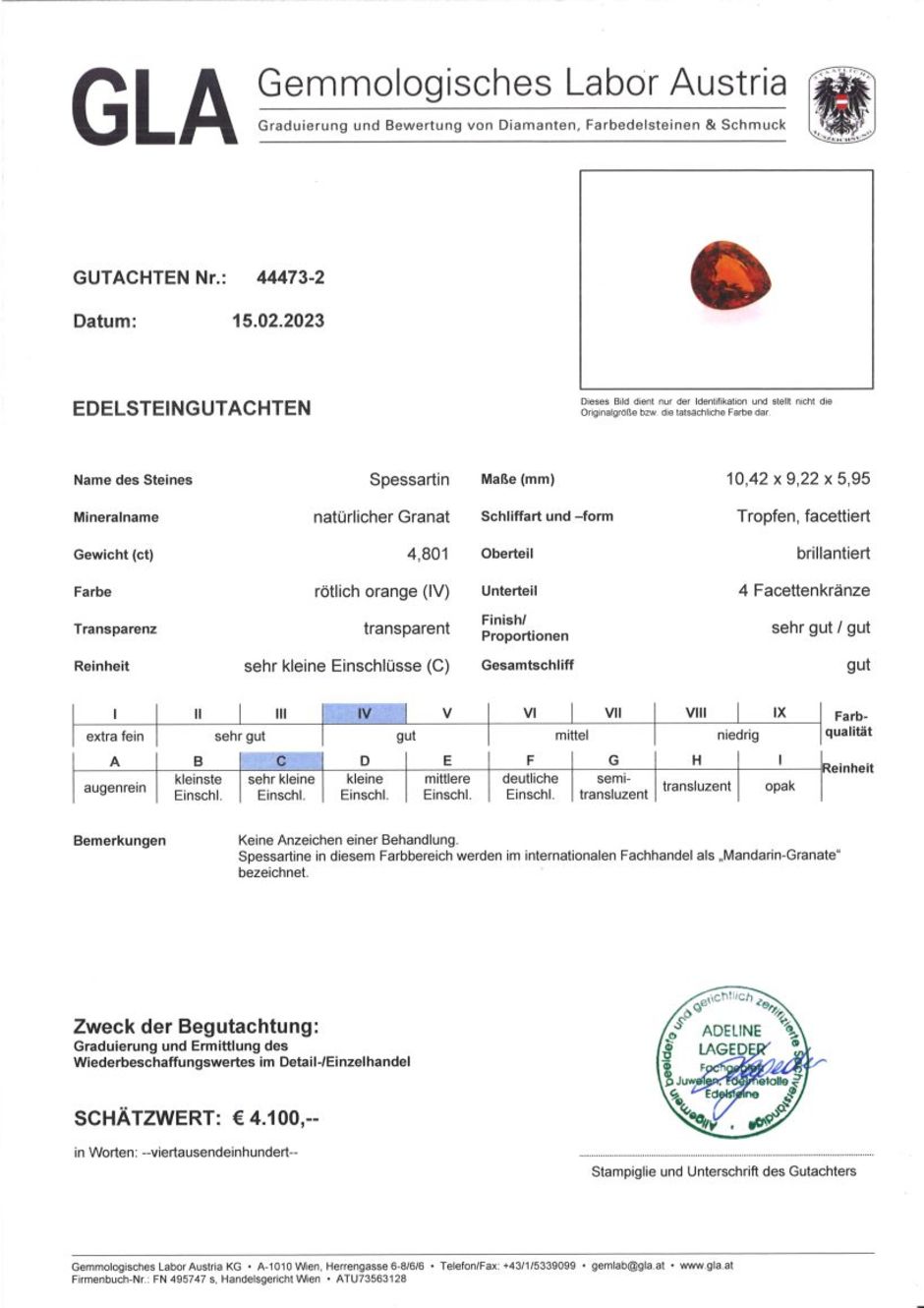 Gutachten zu Mandarin-Granat Tropfen rötlich-orange 4,80 ct.