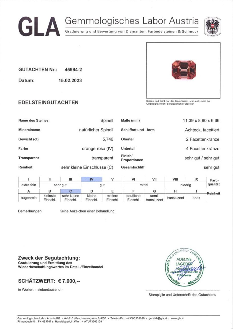 Gutachten zu Spinell octagon rosa-orange 5,74 ct