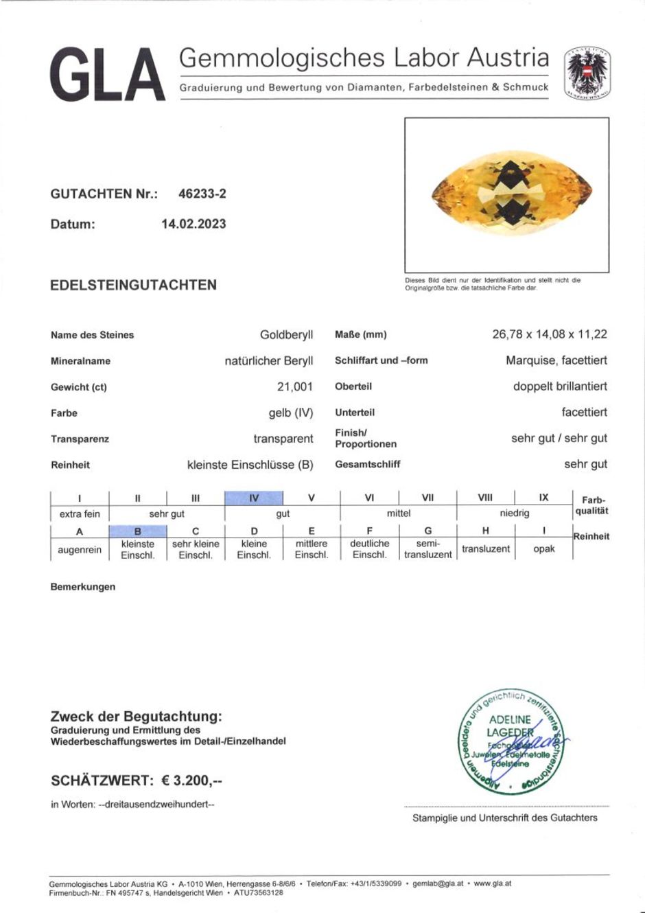 Gutachten zu Golden Beryl marquise golden yellow 21.00 ct.