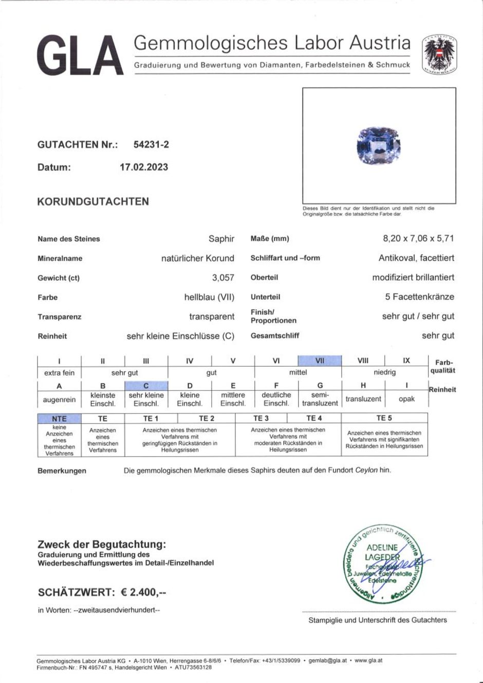 Gutachten zu Saphir antik hellblau ungebrannt 3,06 ct