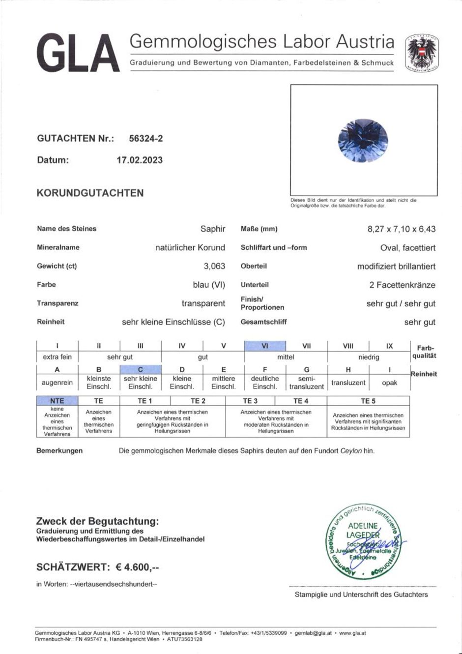 Gutachten zu Saphir oval mittelblau ungebrannt 3,06 ct