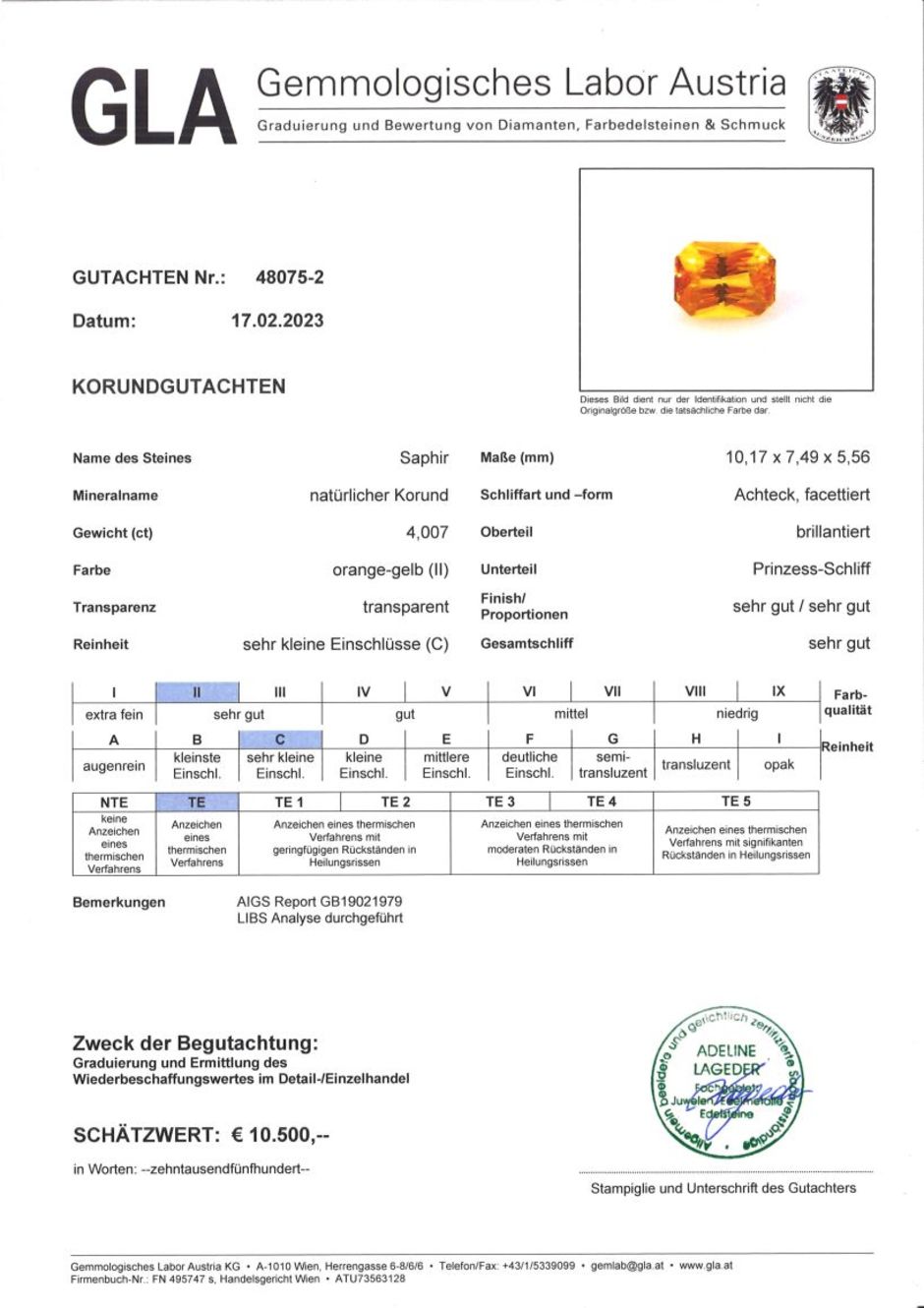 Gutachten zu Saphir octagon-princess orangegelb 4,00 ct