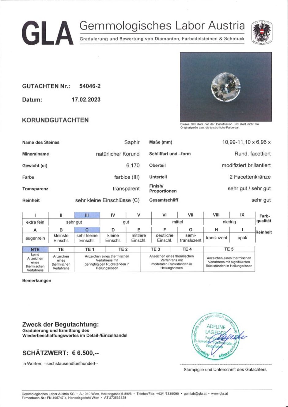 Gutachten zu Saphir rund farblos-getönt ungebrannt 6,17 ct