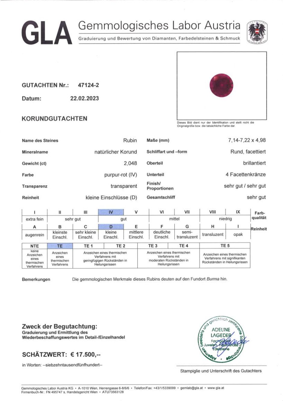 Gutachten zu Burma Ruby round 2.04 ct