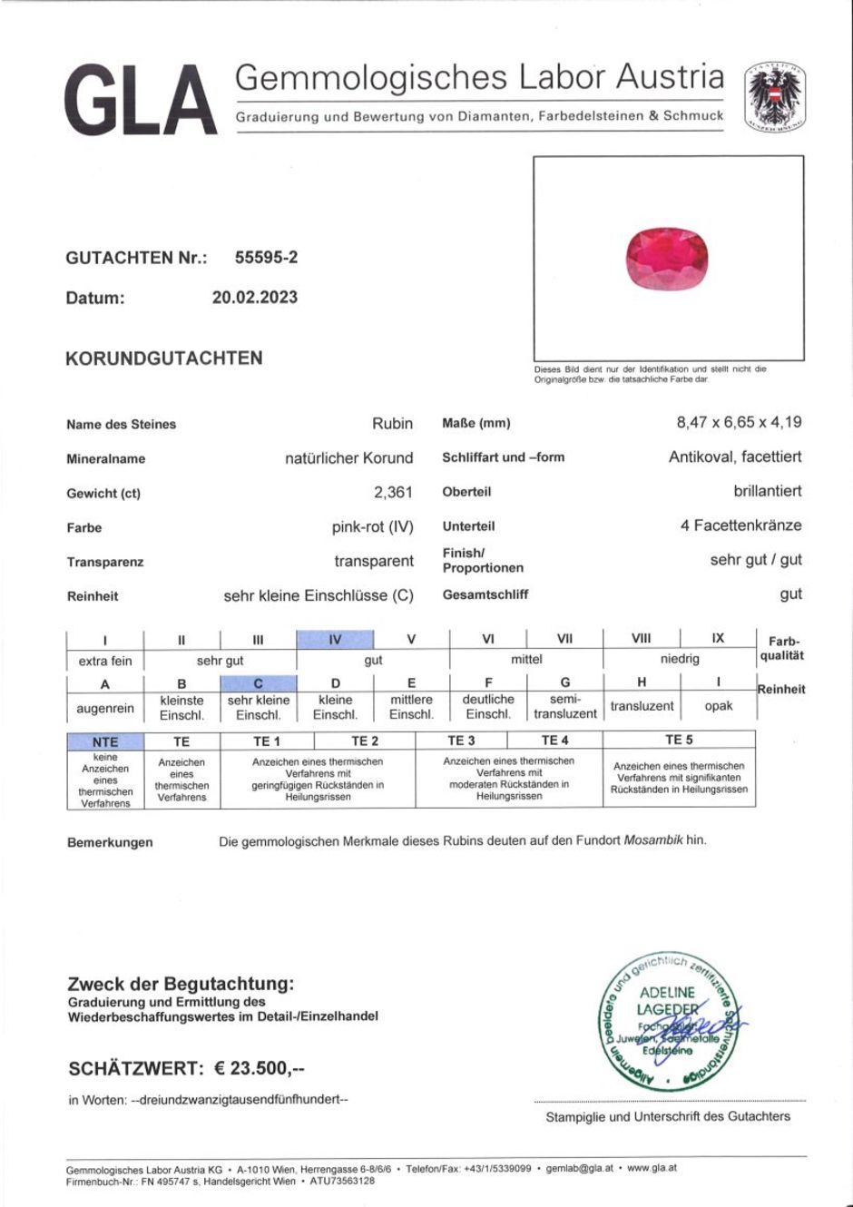 Gutachten zu Rubin antikoval pink-rot ungebrannt 2,36 ct.