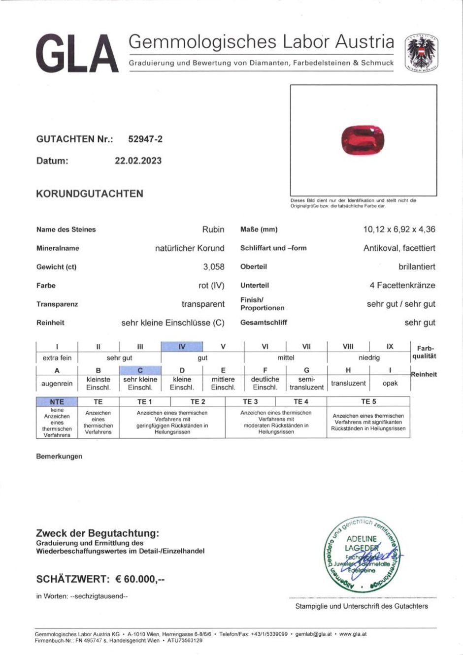 Gutachten zu Ruby cushion red unheated 3.05 ct.