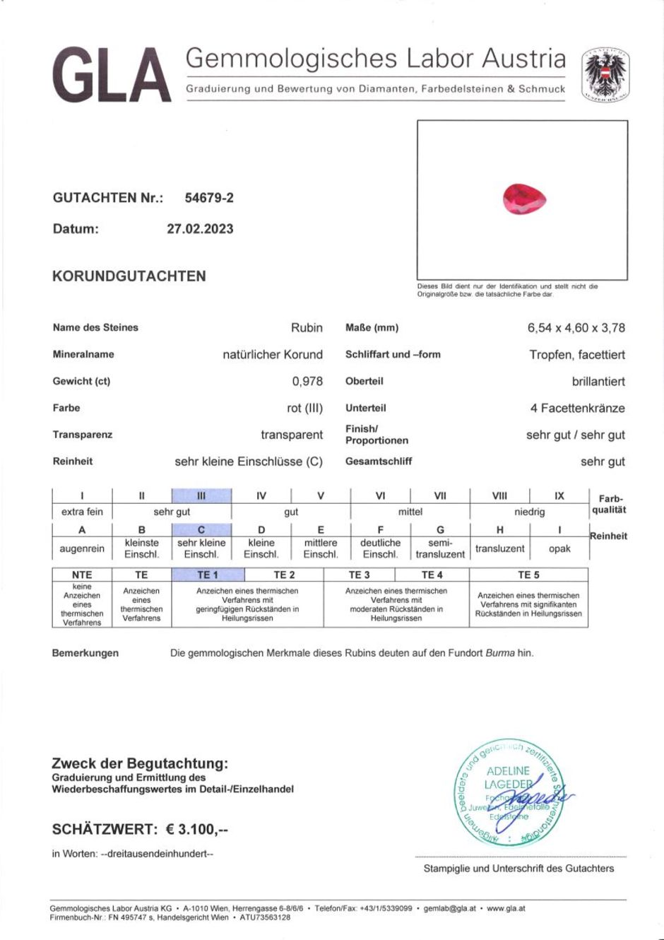 Gutachten zu Burma Ruby pear intense red 0.97 ct