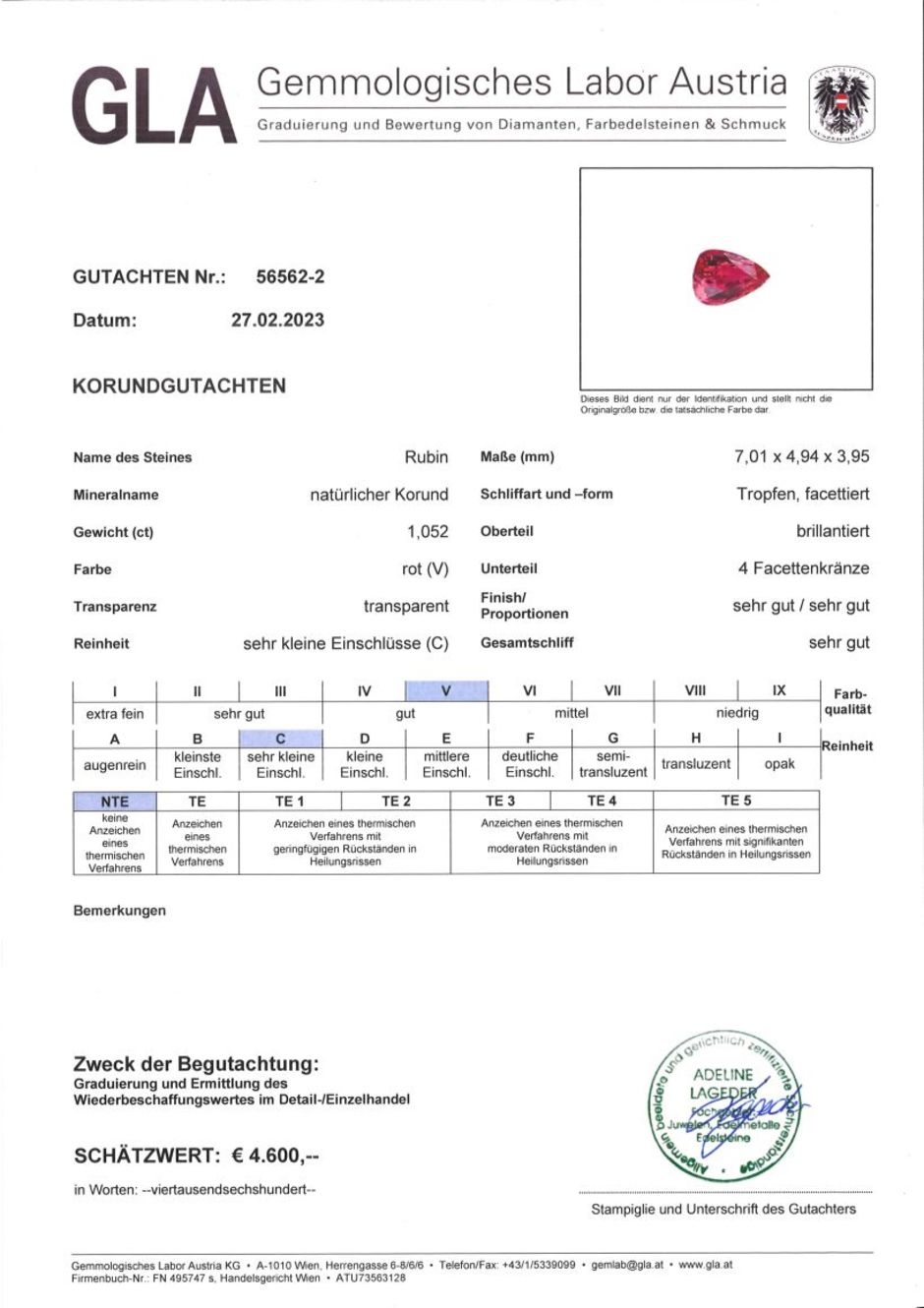 Gutachten zu Ruby pear red unheated 1.05 ct.