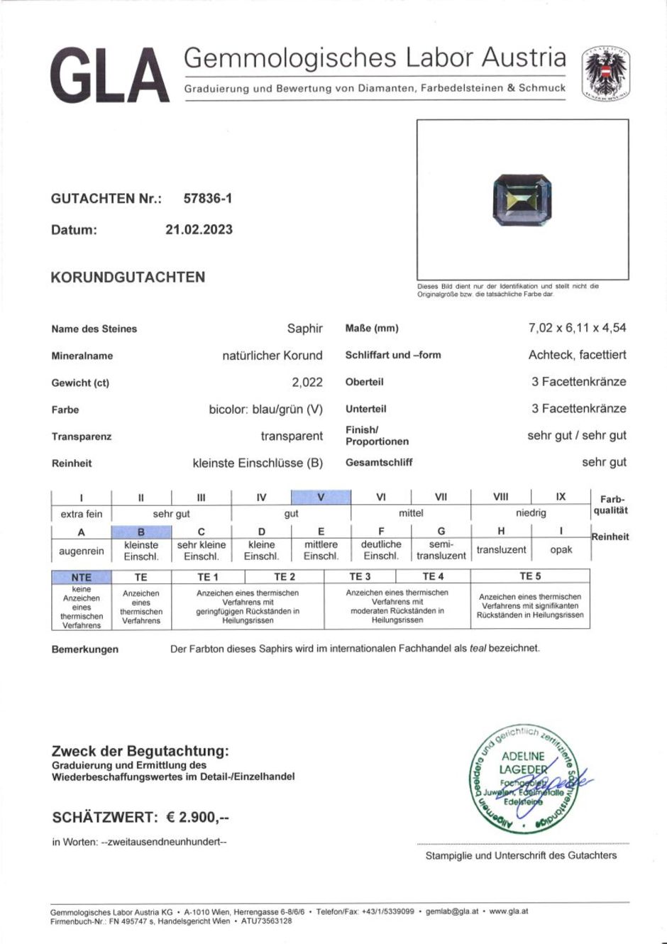 Gutachten zu Sapphire octagon bicolor unheated 2.02 ct