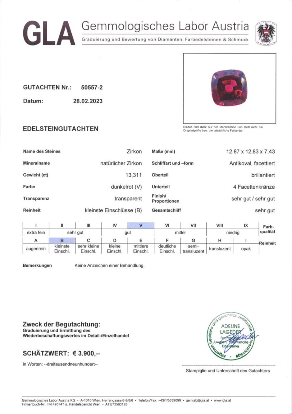 Gutachten zu Zirkon antik dunkelrot unbehandelt 13,31 ct