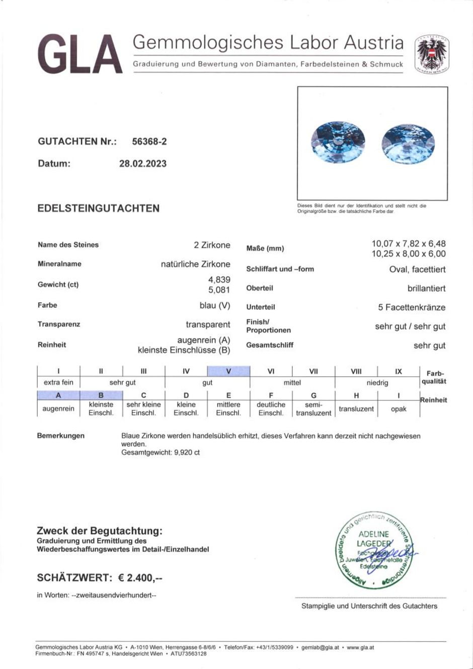 Gutachten zu Zirkon Duo oval blau 9,92 ct