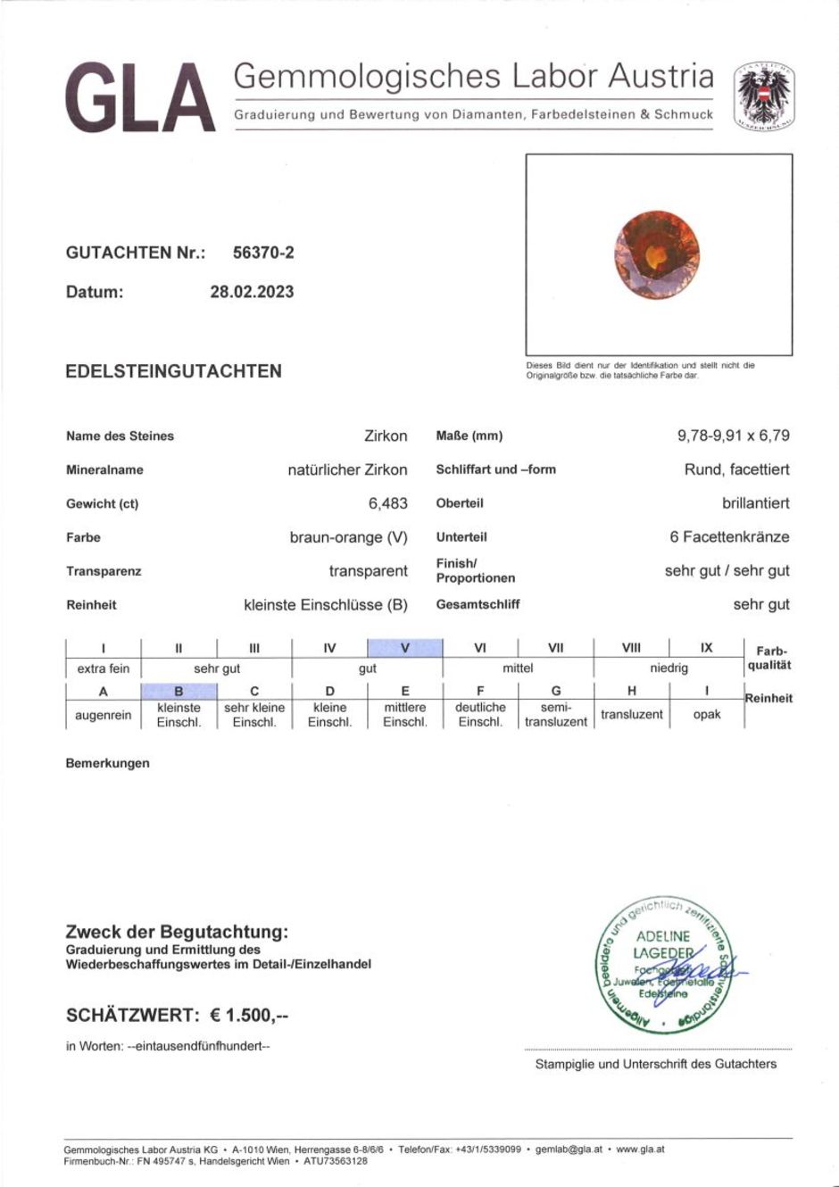 Gutachten zu Zirkon rund bräunlich-orange 6,48 ct