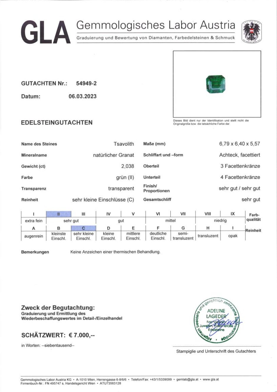 Gutachten zu Tsavorit Granat octagon intensives Grün 2,03 ct