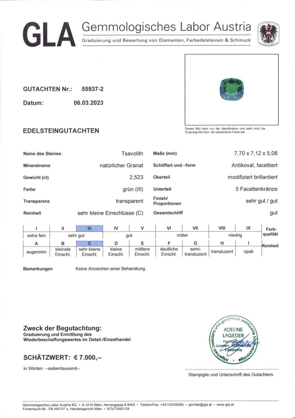 Gutachten zu Tsavorit Granat antik intensivgrün 2,52 ct